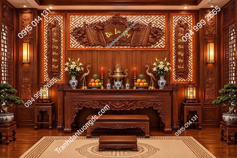 Tranh Dán Tường Phòng Thờ Đức Lưu Quang Hoành Phi Câu Đối PT07
