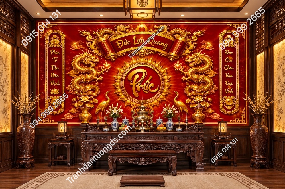 Tranh Dán Tường Phòng Thờ Đức Lưu Quang Long Phụng Chữ Phúc
