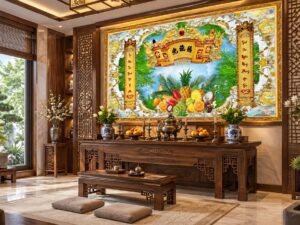 Tranh Dán Tường Phòng Thờ Gia Tiên Rồng Vàng Mâm Ngũ Quả DS527413