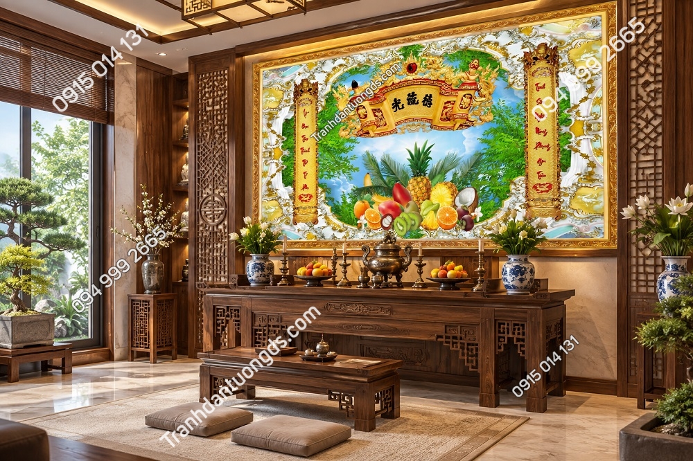 Tranh Dán Tường Phòng Thờ Gia Tiên Rồng Vàng Mâm Ngũ Quả DS527413