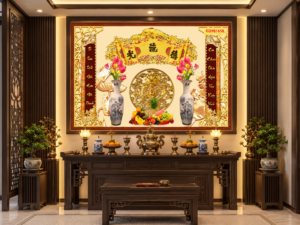 Tranh Dán Tường Phòng Thờ Hiện Đại Long Tiên Rồng Vàng DS731864