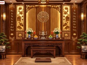 Tranh Dán Tường Phòng Thờ Hoa Sen Chữ Thọ Phong Cách Gỗ Vàng Sang Trọng – PT12920265