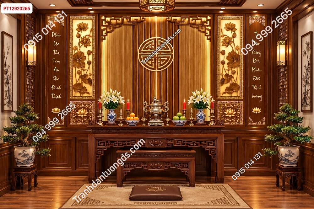 Tranh Dán Tường Phòng Thờ Hoa Sen Chữ Thọ Phong Cách Gỗ Vàng Sang Trọng – PT12920265