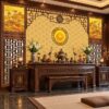 Tranh Dán Tường Phòng Thờ Hoa Sen Hoa Văn Phương Đông DS684217