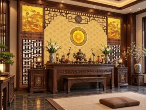 Tranh Dán Tường Phòng Thờ Hoa Sen Hoa Văn Phương Đông DS684217