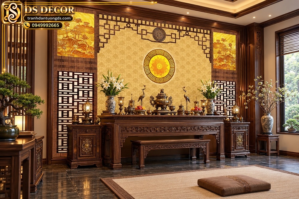 Tranh Dán Tường Phòng Thờ Hoa Sen Hoa Văn Phương Đông DS684217