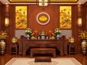 Tranh Dán Tường Phòng Thờ Hoa Sen Nền Gỗ Mã PT58374