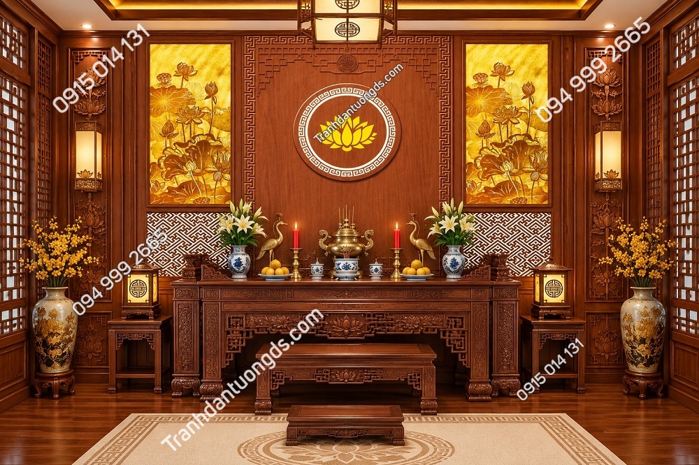 Tranh Dán Tường Phòng Thờ Hoa Sen Nền Gỗ Mã PT58374