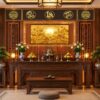 Tranh Dán Tường Phòng Thờ Nền Giả Gỗ Phúc Lộc Thọ Hoa Sen DS583214