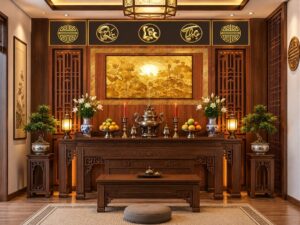 Tranh Dán Tường Phòng Thờ Nền Giả Gỗ Phúc Lộc Thọ Hoa Sen DS583214