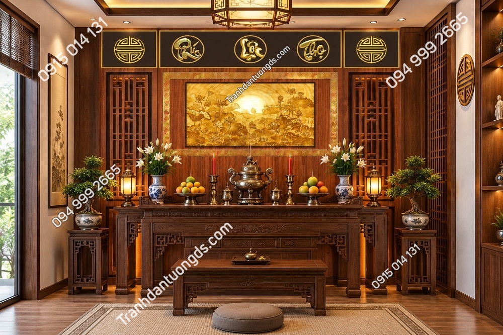 Tranh Dán Tường Phòng Thờ Nền Giả Gỗ Phúc Lộc Thọ Hoa Sen DS583214