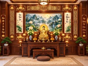 Tranh Dán Tường Phòng Thờ Phật Phong Cảnh Sơn Thủy Hoa Sen PT69202618