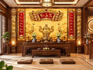 Tranh Dán Tường Phòng Thờ Phúc Lộc Thọ Long Phụng Hoa Sen DS638517
