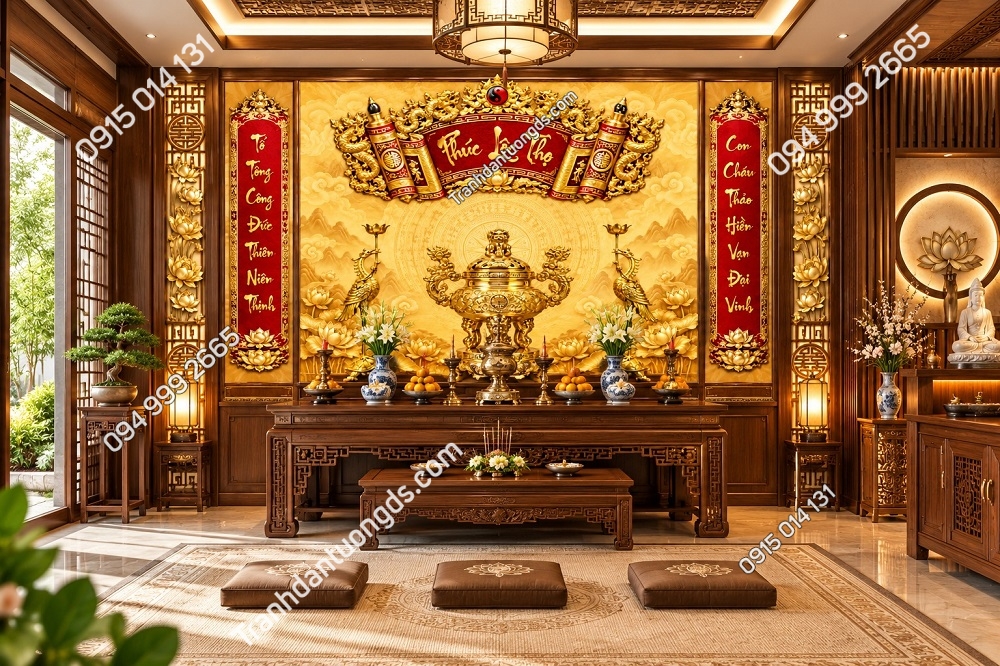 Tranh Dán Tường Phòng Thờ Phúc Lộc Thọ Long Phụng Hoa Sen DS638517