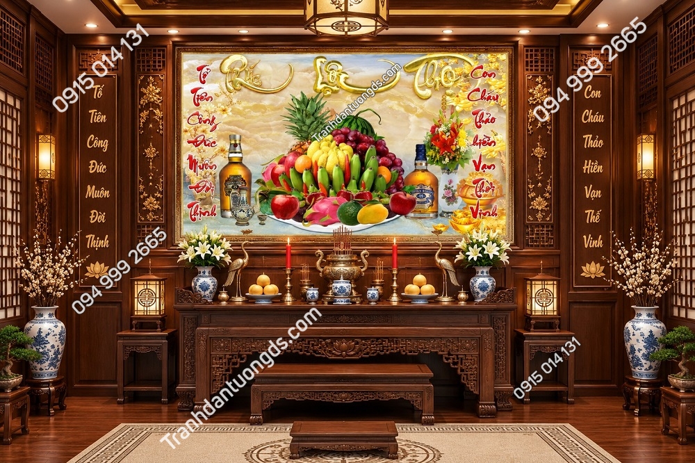 Tranh Dán Tường Phòng Thờ Phúc Lộc Thọ Mâm Ngũ Quả 51779