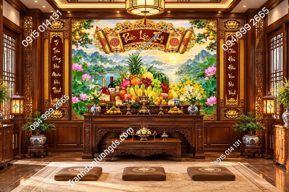 Tranh Dán Tường Phòng Thờ Phúc Lộc Thọ Sơn Thủy Hoa Sen DS827416