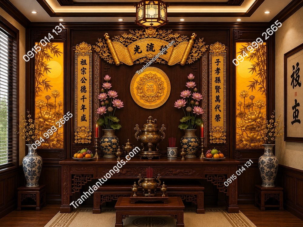 Tranh Dán Tường Phòng Thờ Phúc Lưu Quang Hoa Sen Gỗ Nâu PT29202612
