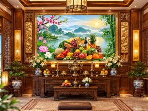 Tranh Dán Tường Phòng Thờ Sơn Thủy Hoa Sen Mâm Ngũ Quả DS741826