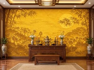 Tranh Dán Tường Phòng Thờ Trúc Chỉ Hoa Sen Sang Trọng – Mẫu TC14920261