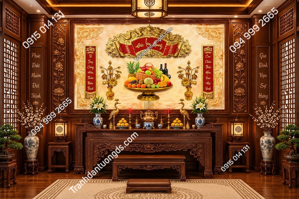 Tranh Dán Tường Phòng Thờ Truyền Thống Đức Lưu Quang Chữ Phúc Mâm Ngũ Quả