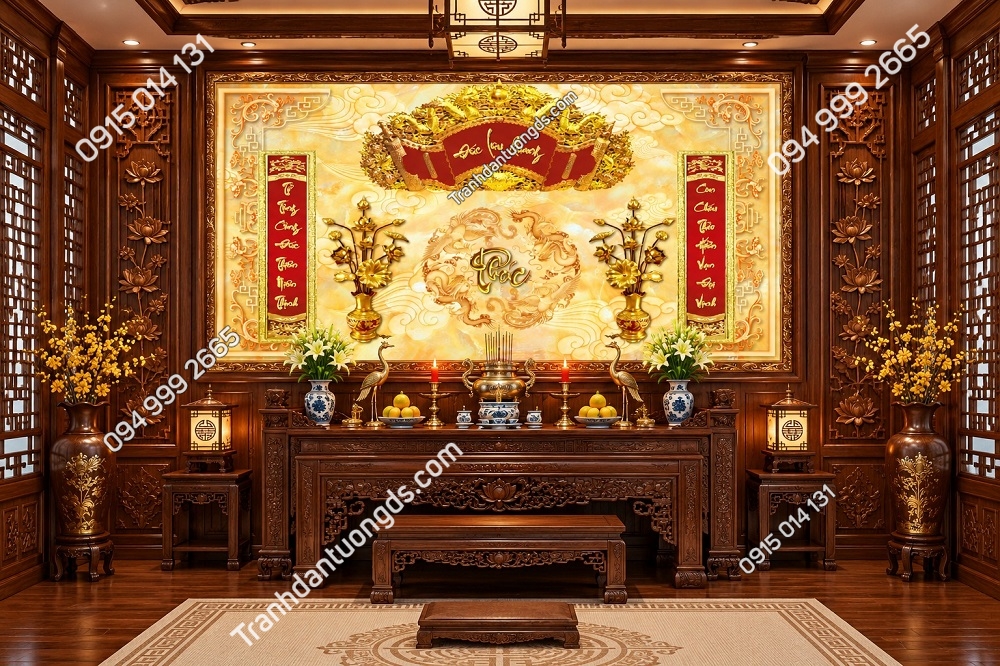 Tranh Dán Tường Phòng Thờ Truyền Thống Đức Lưu Quang Chữ Phúc Nền Vàng