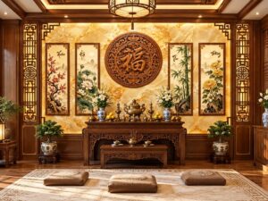 Tranh Dán Tường Phòng Thờ Tứ Quý Chữ Phúc Giả Gỗ DS583214