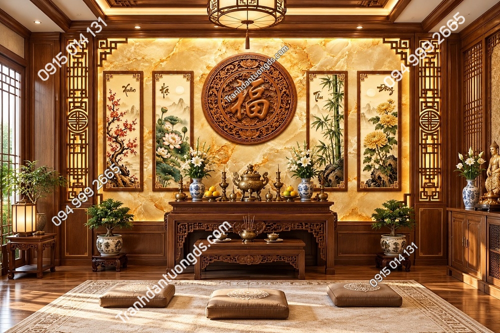Tranh Dán Tường Phòng Thờ Tứ Quý Chữ Phúc Giả Gỗ DS583214