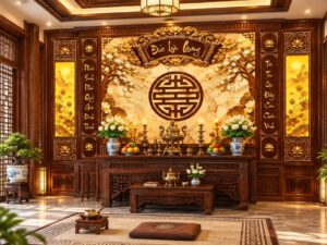 Tranh Dán Tường Phòng Thờ Việt Hoa Sen Chữ Đức Lưu Quang DS731584