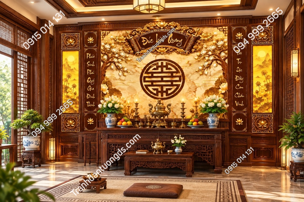 Tranh Dán Tường Phòng Thờ Việt Hoa Sen Chữ Đức Lưu Quang DS731584