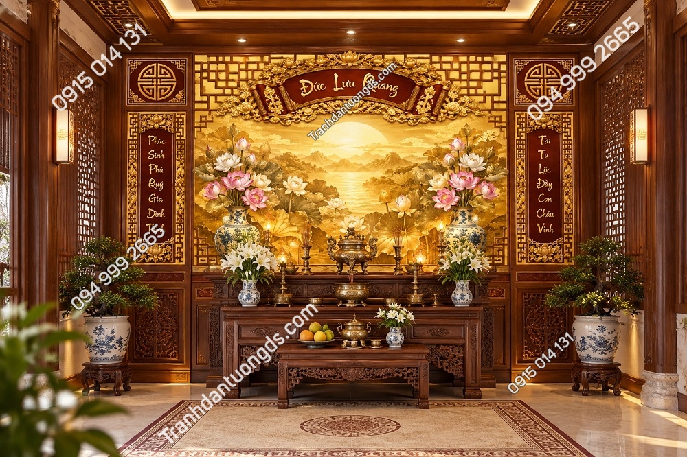 Tranh Dán Tường Phòng Thờ Việt Sơn Thủy Hoa Sen Đức Lưu Quang DS814263