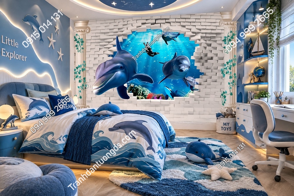 Tranh Dán Tường Phòng Trẻ Em Cá Heo Đại Dương 3D DS274631