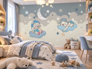 Tranh Dán Tường Phòng Trẻ Em Gấu Ngủ Trên Mây Màu Xanh DS426781