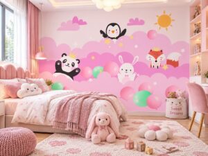 Tranh Dán Tường Phòng Trẻ Em Hình Thú Dễ Thương Màu Hồng DS814637