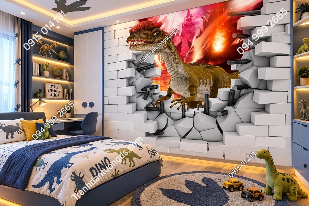 Tranh Dán Tường Phòng Trẻ Em Khủng Long 3D Tường Vỡ DS624817