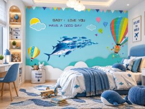 Tranh Dán Tường Phòng Trẻ Em Máy Bay Khinh Khí Cầu Cá Đại Dương DS714638