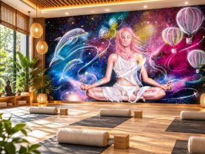 Tranh Dán Tường Phòng Yoga Thiền Định Vũ Trụ Cô Gái Ngồi Thiền DS716428
