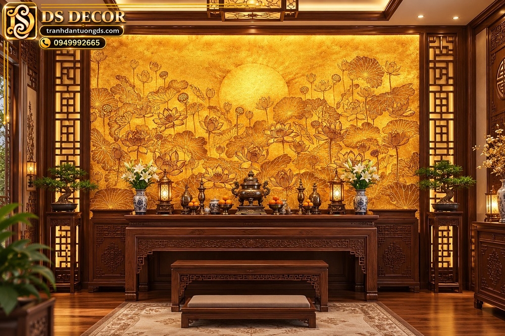 Tranh Hoa Sen Phòng Thờ Trúc Chỉ Sen Sang Trọng DS817453