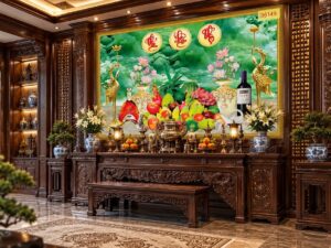 Tranh Phòng Thờ Phúc Lộc Thọ Hoa Sen Mâm Quả Sang Trọng DS529638