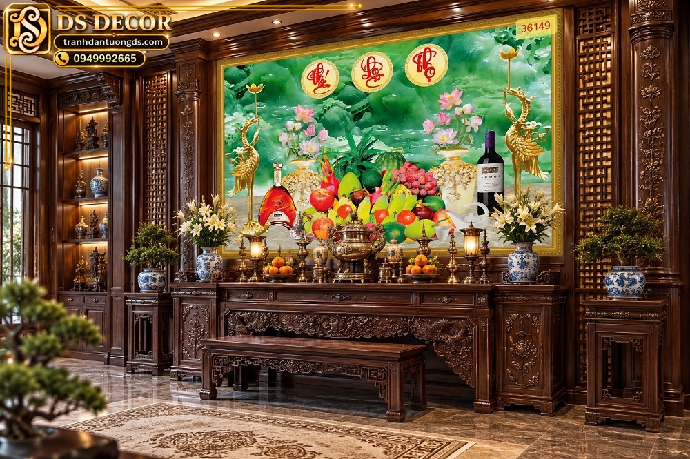 Tranh Phòng Thờ Phúc Lộc Thọ Hoa Sen Mâm Quả Sang Trọng DS529638