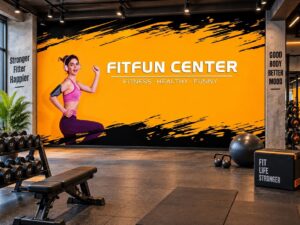 Tranh dán tường phòng gym fitness FitFun Center với thiết kế nền cam đen nổi bật