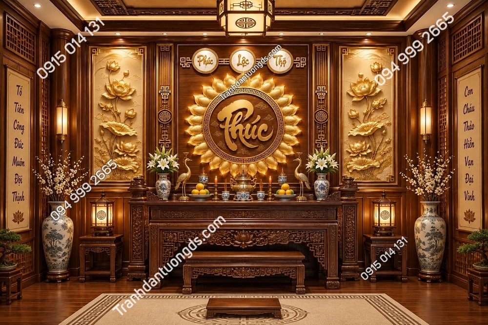 Tranh dán tường phòng thờ chữ Phúc với hoa sen và bộ Phúc Lộc Thọ sang trọng