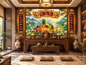 Tranh dán tường phòng thờ ngũ quả