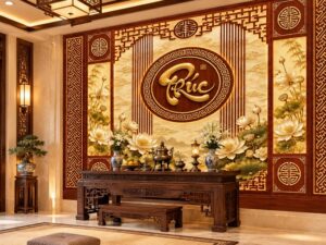 Tranh Dán Tường Chữ Phúc Hoa Sen Màu Vàng Phòng Thờ DS594283