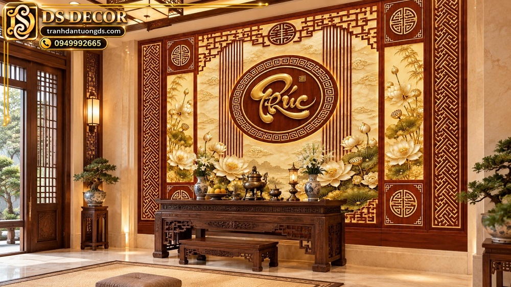 Tranh Dán Tường Chữ Phúc Hoa Sen Màu Vàng Phòng Thờ DS594283