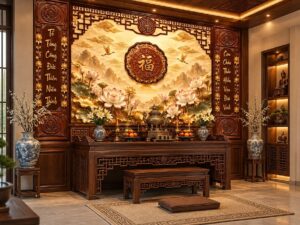 Tranh Dán Tường Chữ Phúc Hoa Sen Sơn Thủy Phòng Thờ DS734826