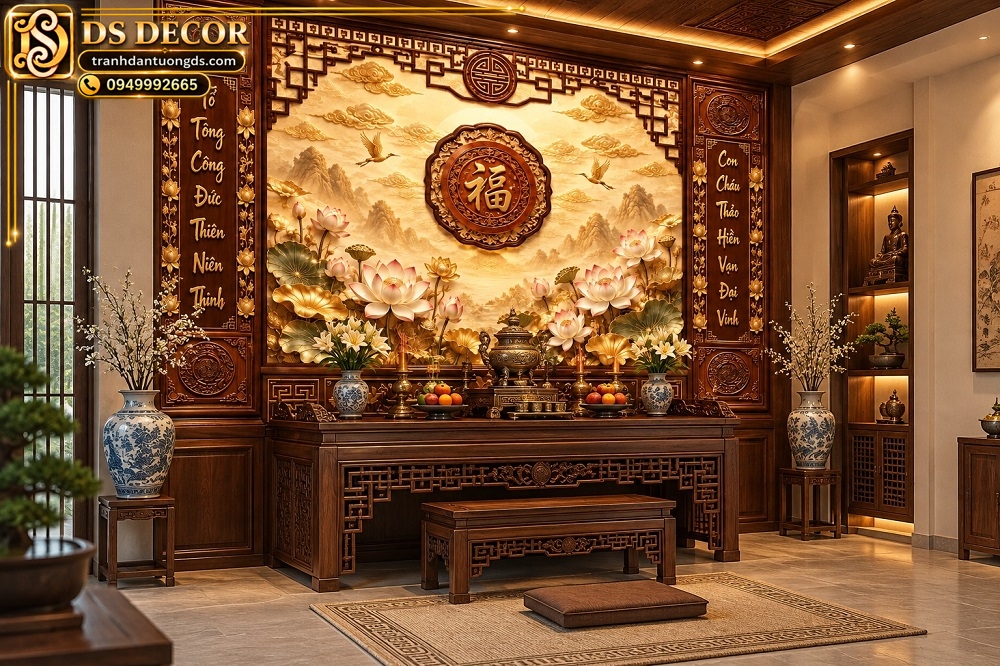 Tranh Dán Tường Chữ Phúc Hoa Sen Sơn Thủy Phòng Thờ DS734826