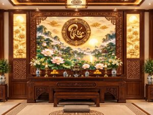 Tranh Dán Tường Chữ Phúc Sơn Thủy Hoa Sen Phòng Thờ DS827461