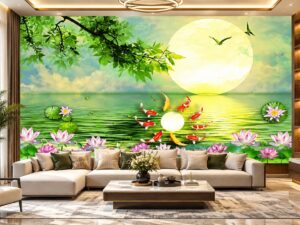 Tranh Dán Tường Cửu Ngư Cá Koi Hoa Sen Mặt Trăng Phòng Khách DS592731