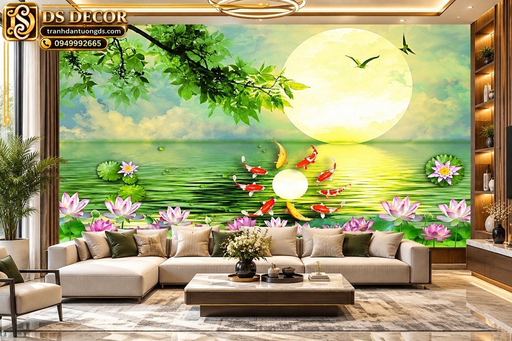 Tranh Dán Tường Cửu Ngư Cá Koi Hoa Sen Mặt Trăng Phòng Khách DS592731