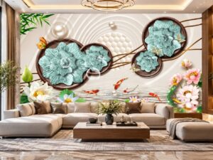 Tranh Dán Tường Cửu Ngư Cá Koi Hoa Sen Phòng Khách Hiện Đại DS831572